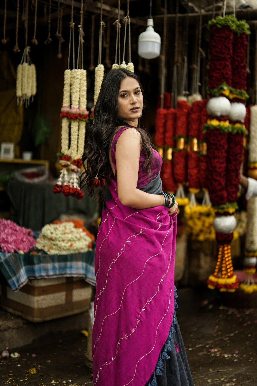 Mul Cotton Cut dana Hand Embroidered Dark Rose