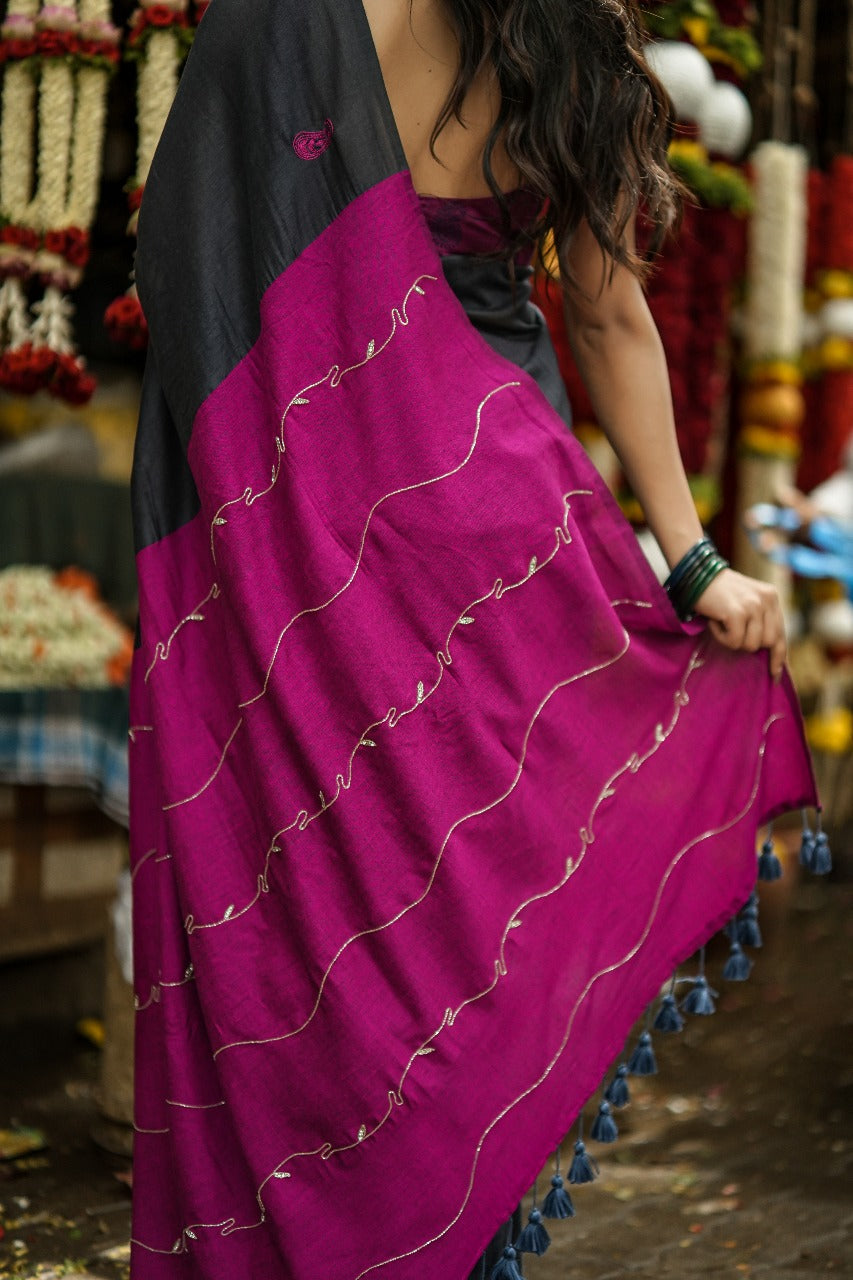 Mul Cotton Cut dana Hand Embroidered Dark Rose
