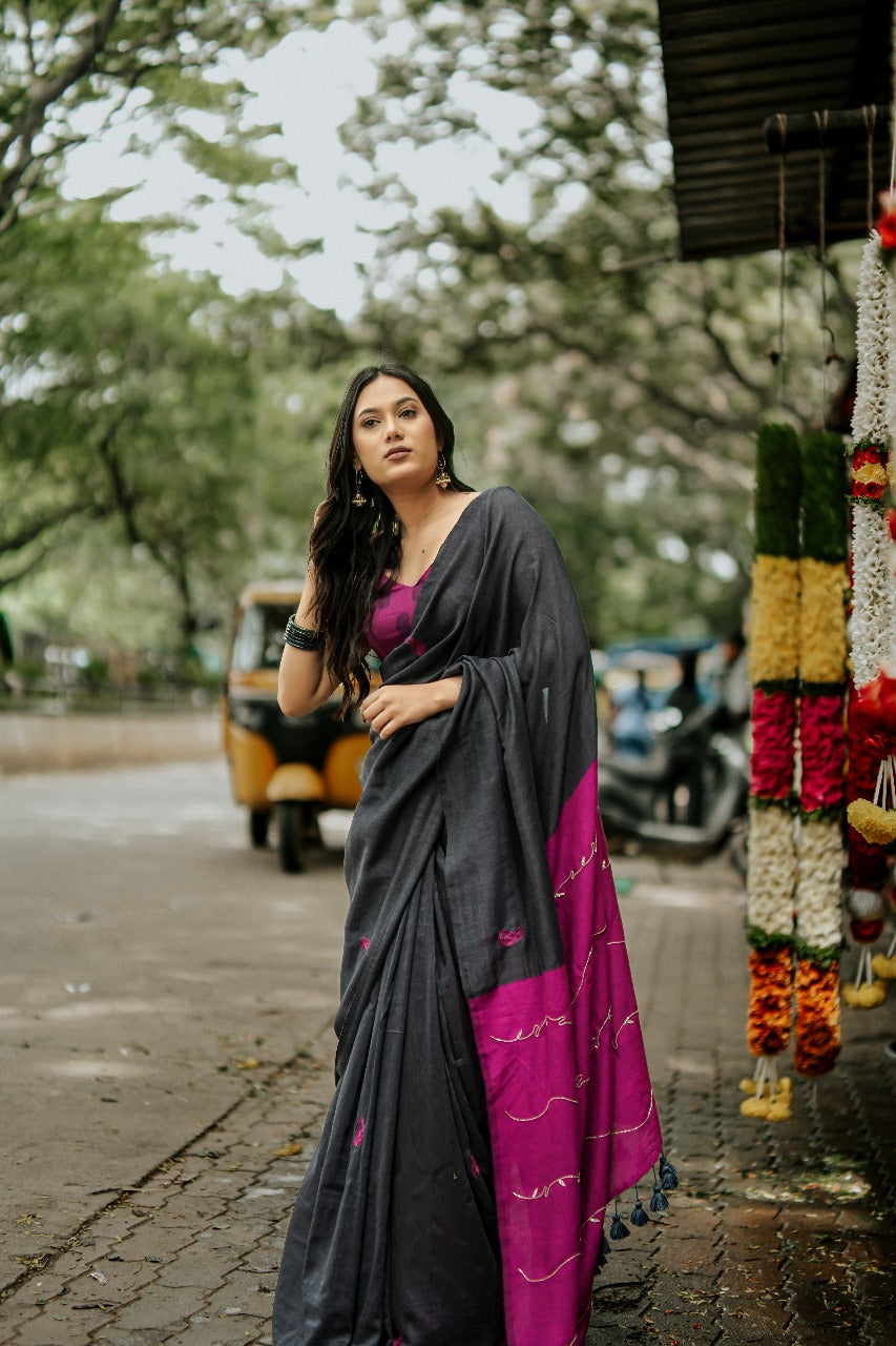 Mul Cotton Cut dana Hand Embroidered Dark Rose
