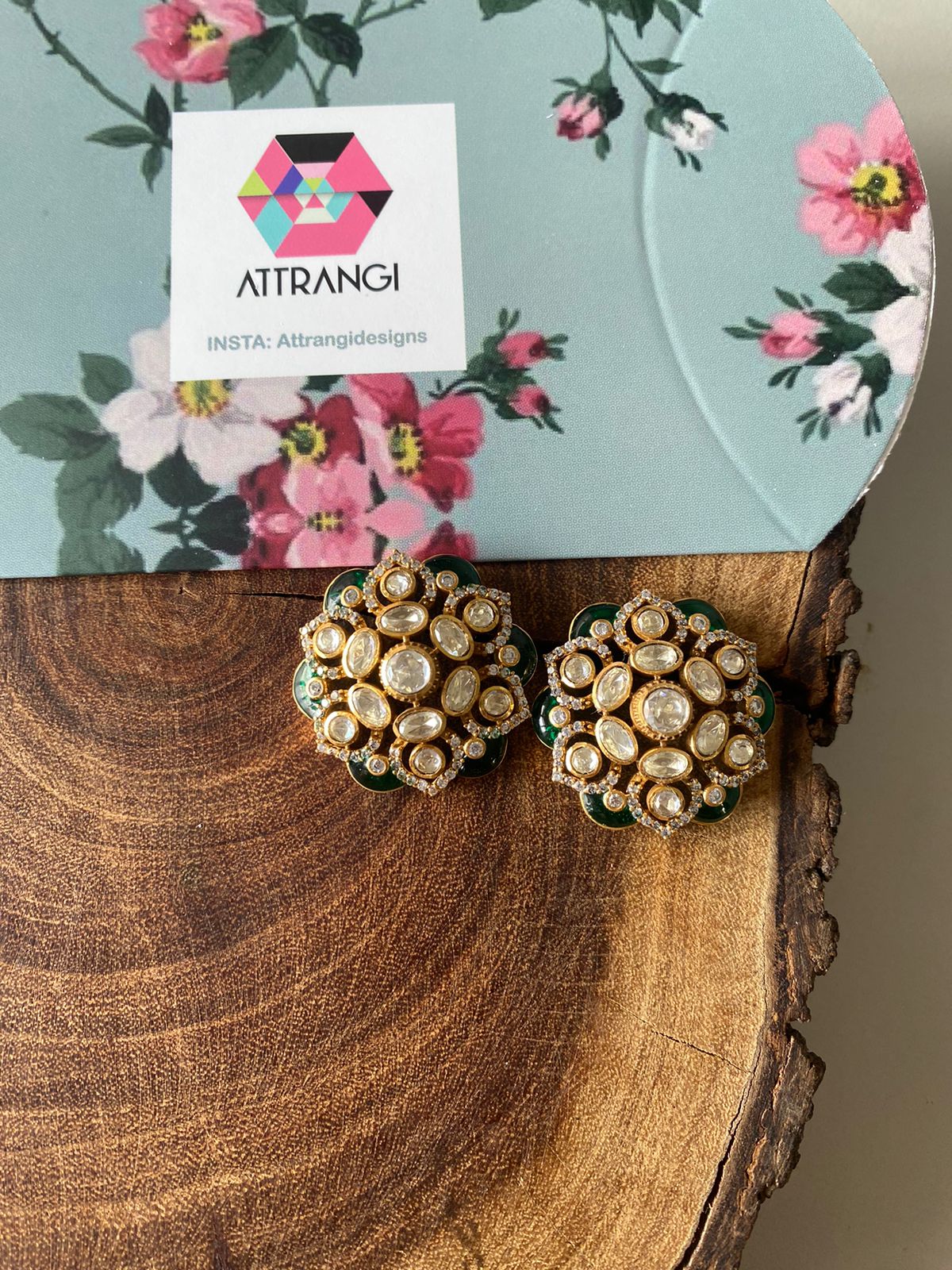 Meena Moissanite Polki Enamel  Studs