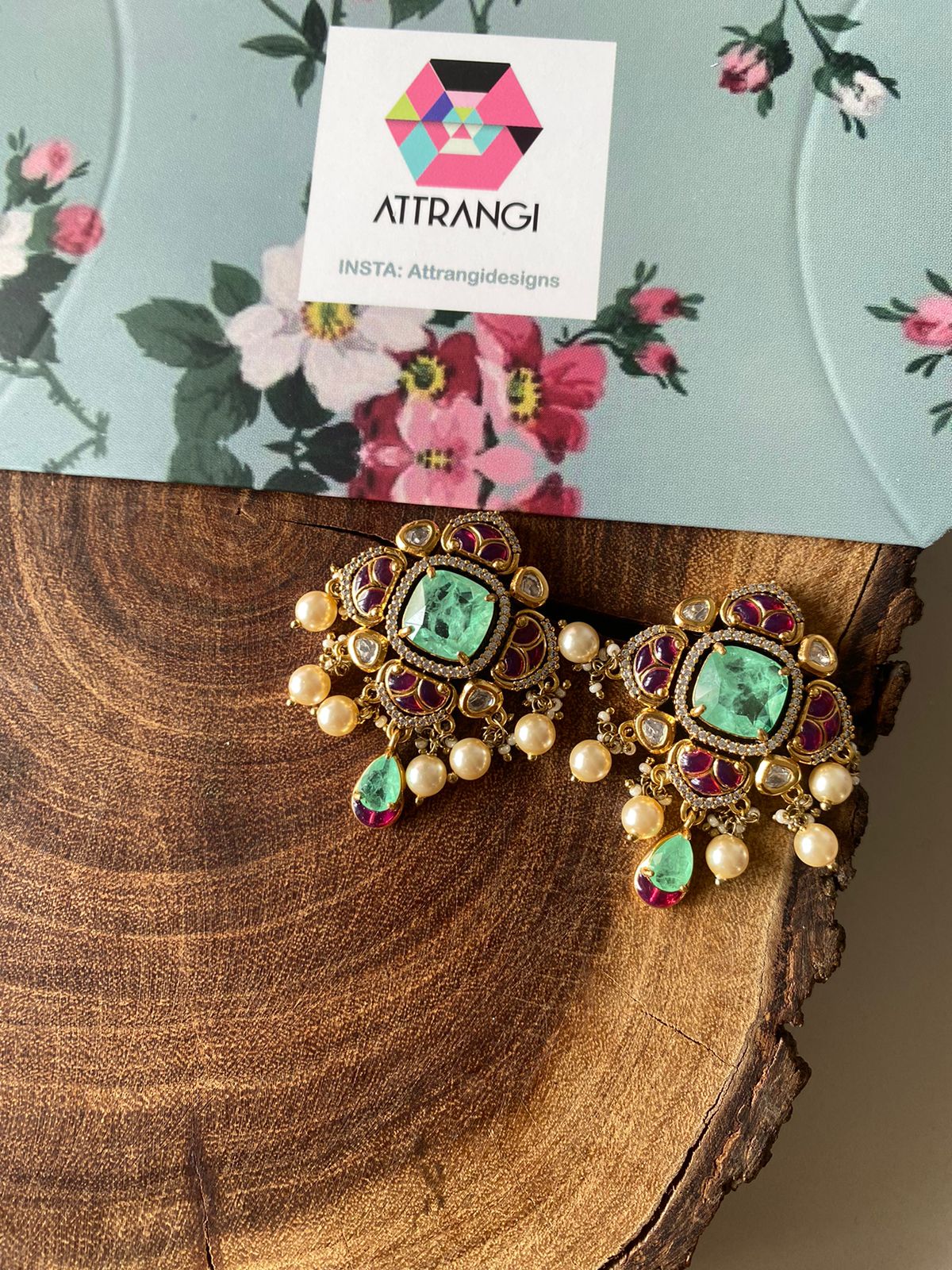 Rudra 2.0 Polki Moissanite Russian Emerad Indian Studs | Mint & Pink