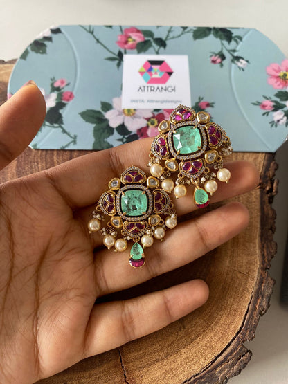 Rudra 2.0 Polki Moissanite Russian Emerad Indian Studs | Mint & Pink