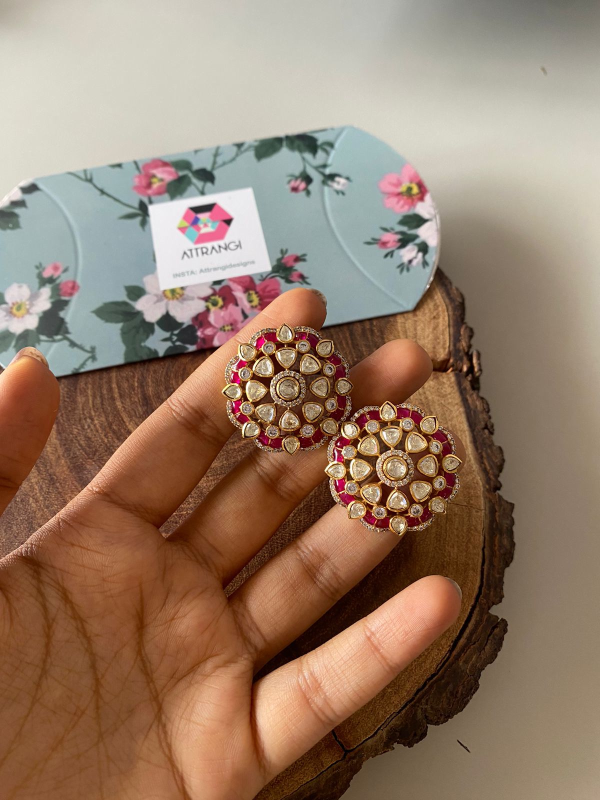 Phool Polki Moissanite Enamel Indian Studs