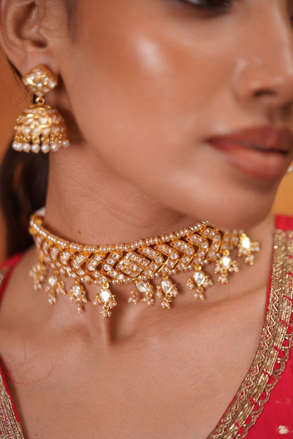 Chandra Polki Moissanite Choker Set With Jhumka