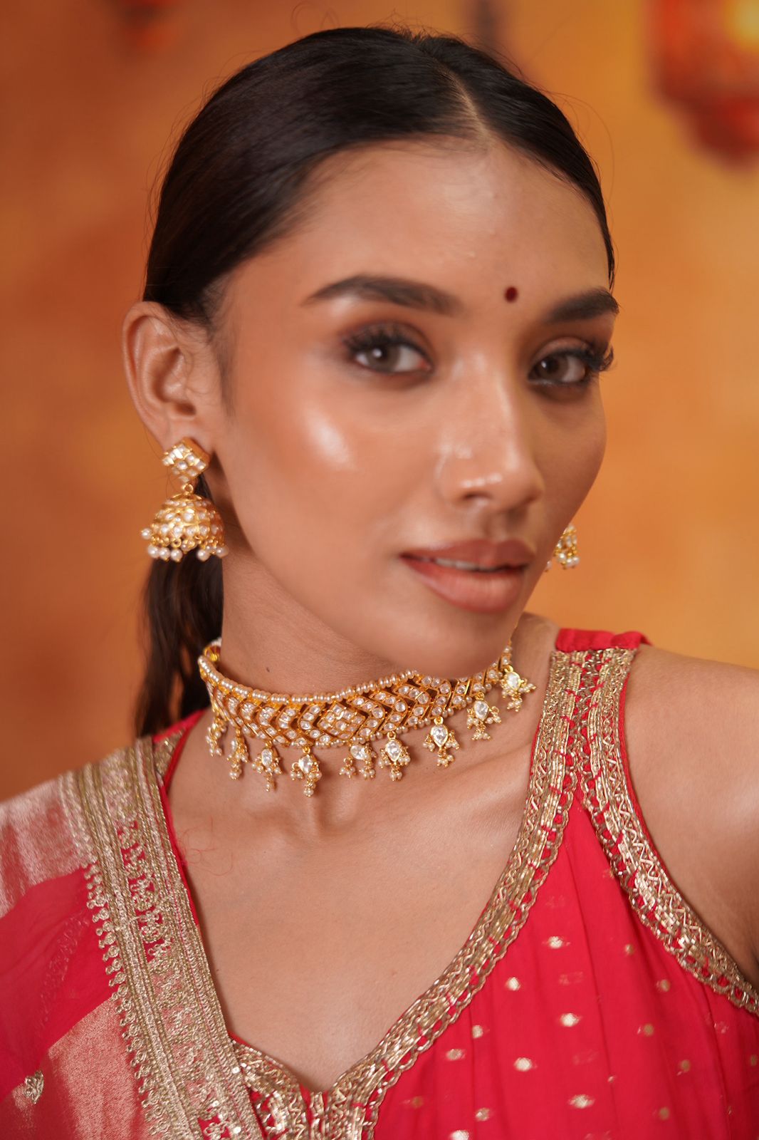 Chandra Polki Moissanite Choker Set With Jhumka
