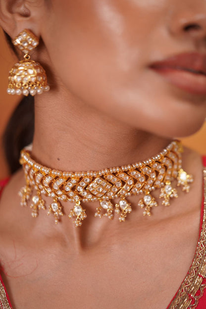 Chandra Polki Moissanite Choker Set With Jhumka