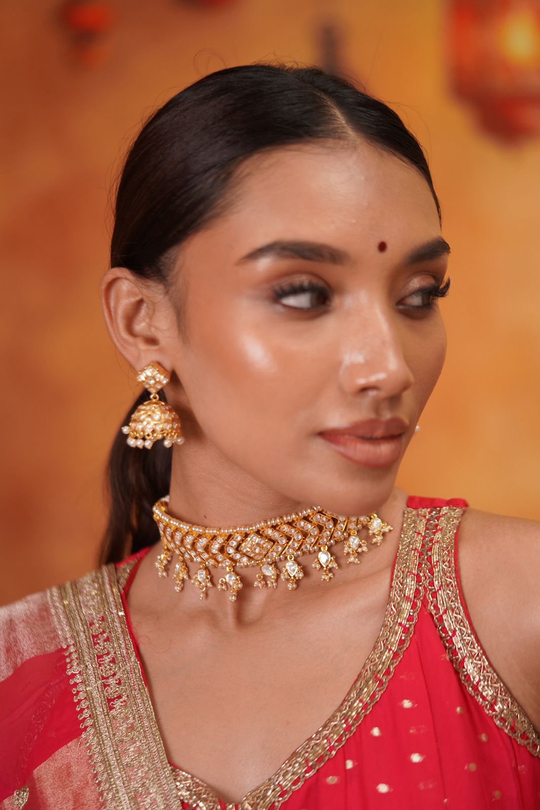 Chandra Polki Moissanite Choker Set With Jhumka