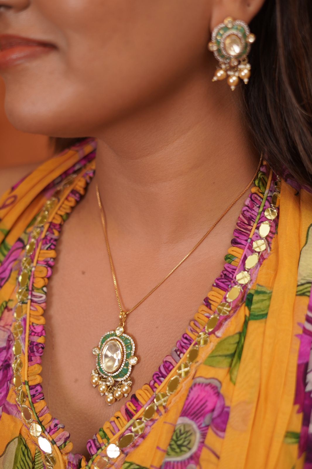 Pratima Polki Moissanite Epoxy Meena Indian Pendant Set