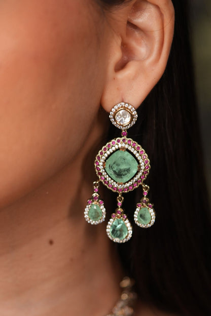 Surbhi Polki Moissanite Ruby Mint Indian Necklace Set with Tika