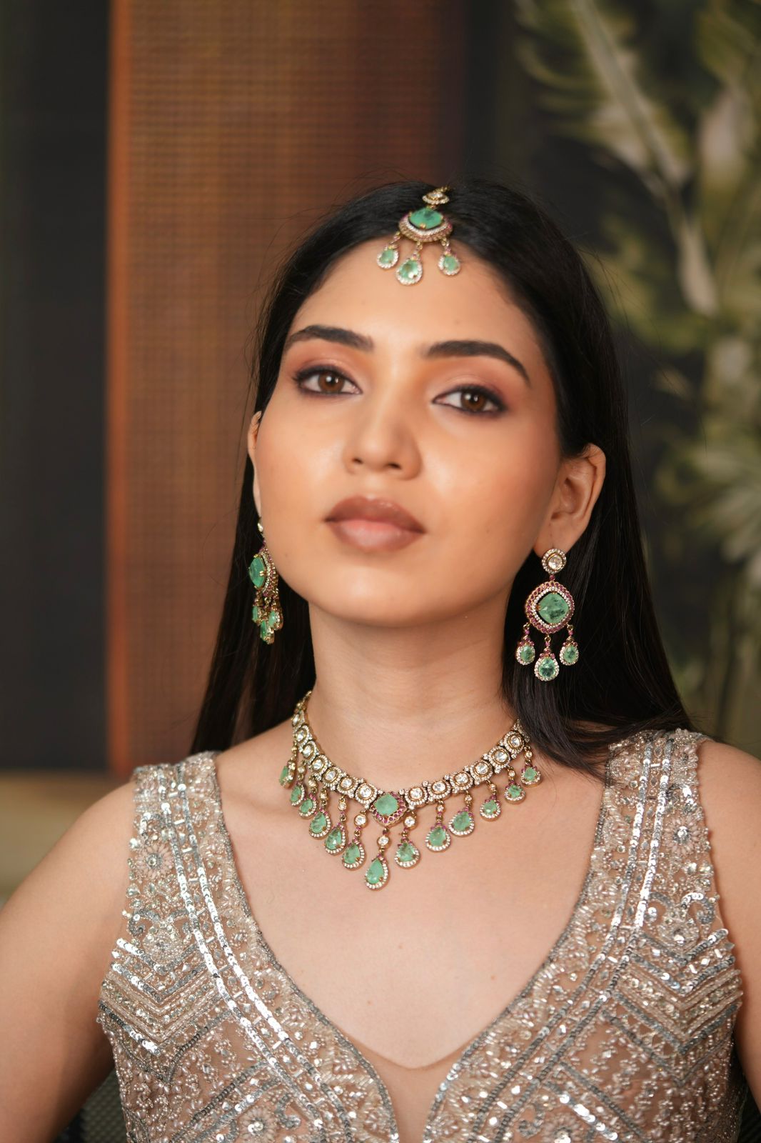 Surbhi Polki Moissanite Ruby Mint Indian Necklace Set with Tika