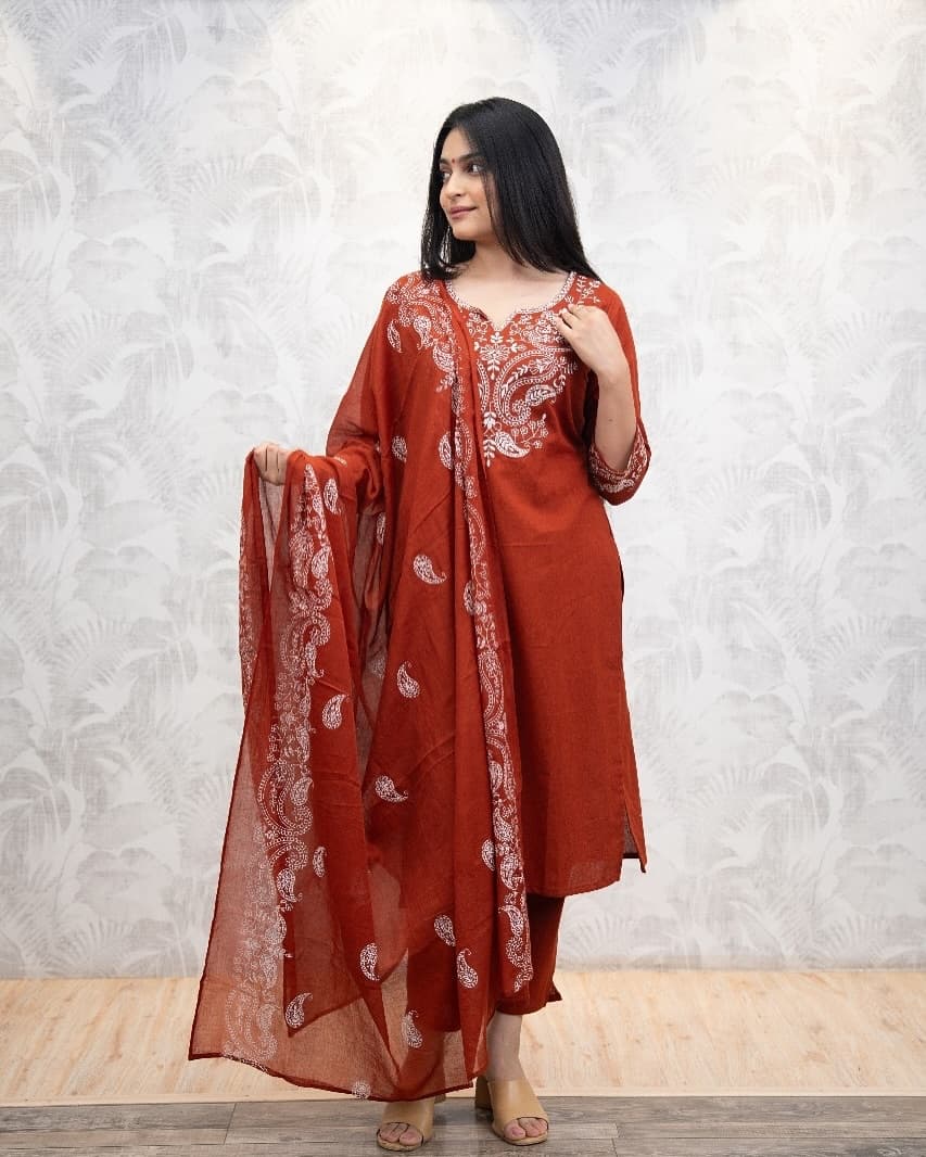 Premium Embroidered Cotton Kurti, Pants and Dupatta Set