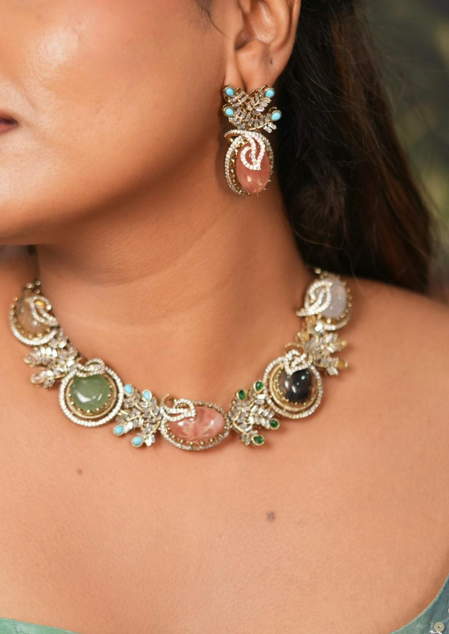 Settled Scores Multicoloured Gemstone Indo western Necklace set | GemZ