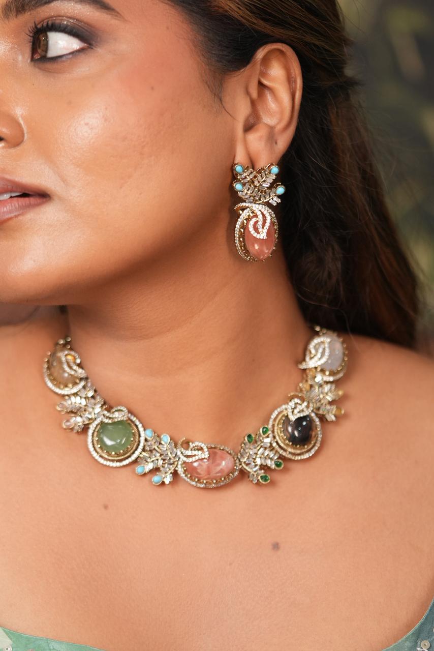 Settled Scores Multicoloured Gemstone Indo western Necklace set | GemZ