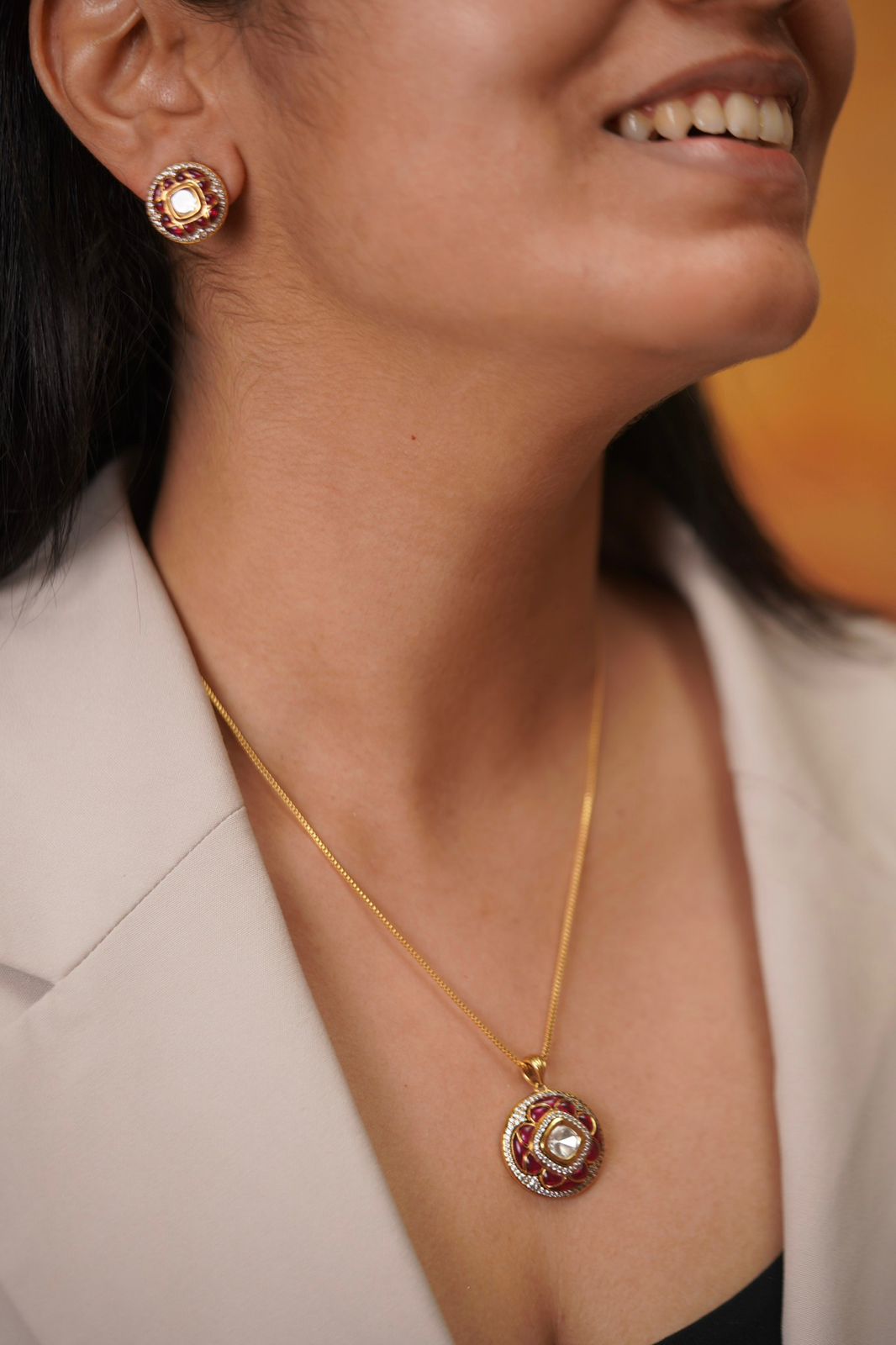 Tarla Moissanite Polki Floral Meenakari Uncut Diamond Pendant Set