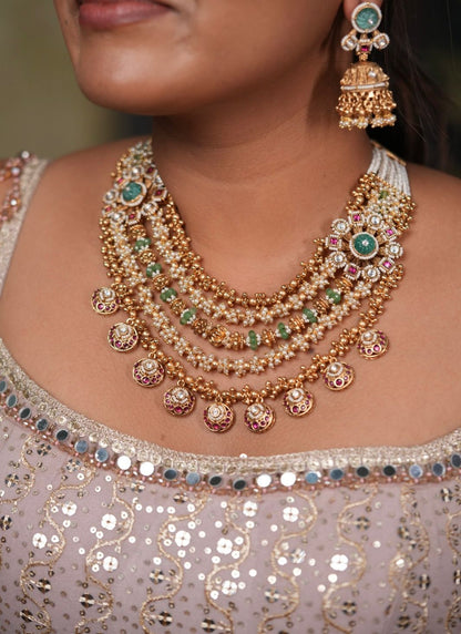 Jeevitha 5 line Gold Traditional Necklace Set with Jhumkas | Sone Pe Suhaga