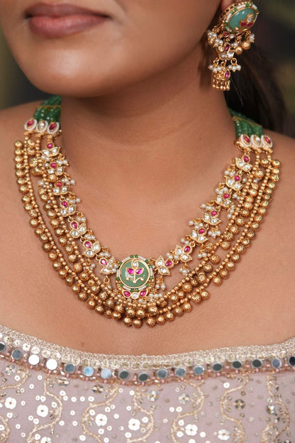 Savithri 3 Line Gold Polki Traditional Necklace Set | Sone Pe Suhaga