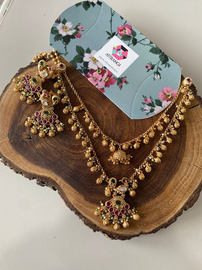 Leela 2 Line Gold Necklace Haar Set with Earrings | Sone Pe Suhaga