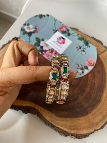 Samohar Polki Uncut Diamond Moissanite Ruby Green Bangle  | Openable