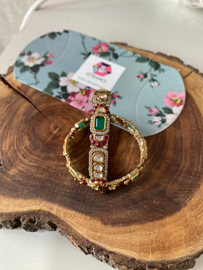 Samohar Polki Uncut Diamond Moissanite Ruby Green Bangle  | Openable