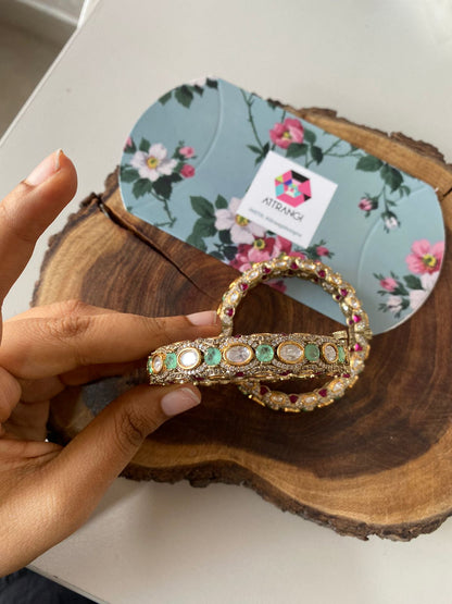 Abhilasha Uncut Diamond Ruby Mint Polki Moissanite Bangle Set| Openable