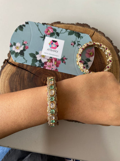 Abhilasha Uncut Diamond Ruby Mint Polki Moissanite Bangle Set| Openable