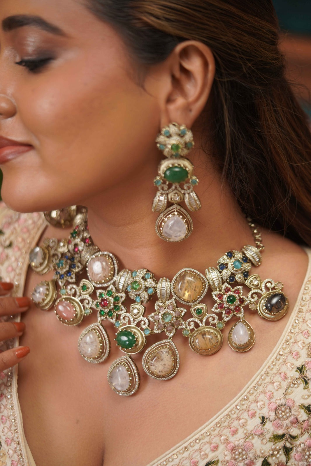 Designer Multi-Coloured Pastel Gemstone Indo-western Bridal Set