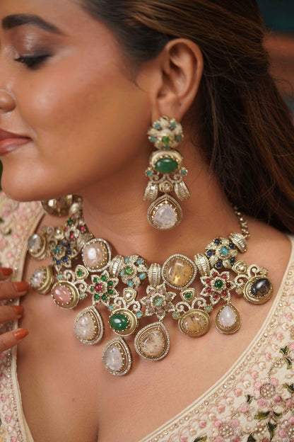 Designer Multi-Coloured Pastel Gemstone Indo-western Bridal Set