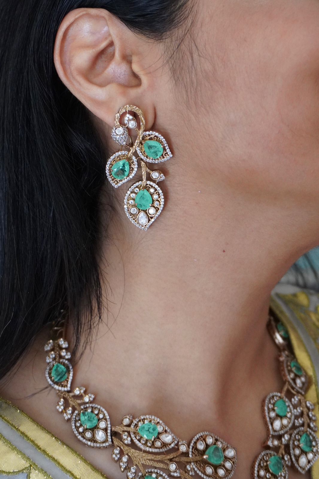 Mint Tree Russian Emerald Polki Moissanite Designer Hasli Set