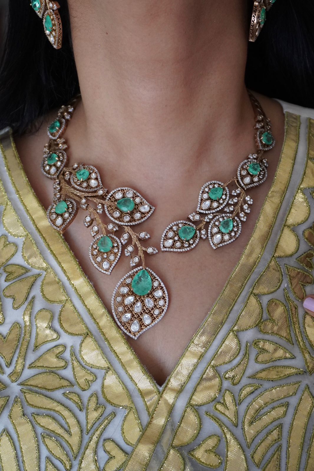 Mint Tree Russian Emerald Polki Moissanite Designer Hasli Set