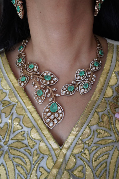 Mint Tree Russian Emerald Polki Moissanite Designer Hasli Set