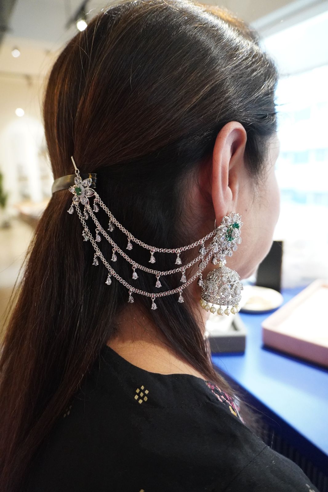 Iconic Diamond Big Jhumka with Hairchain