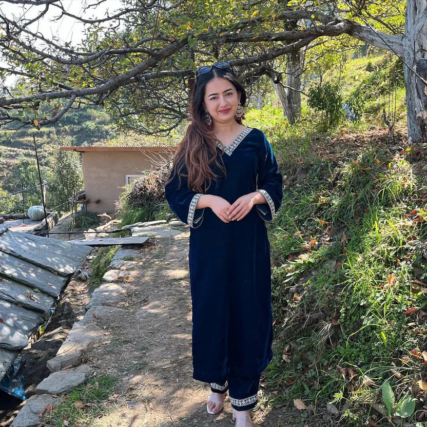 Navy Blue Velvet Kurta Set with White Embroidery