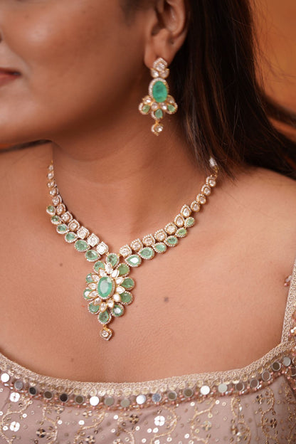 Tanishka Mint Moissanite Indo Western Polki Set | Russian Emerald