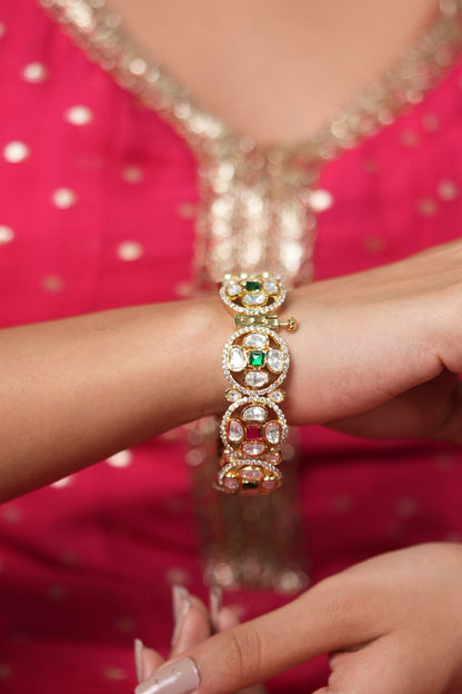 Uncut Diamond Red Green Polki Moissanite Thick Kada | Openable
