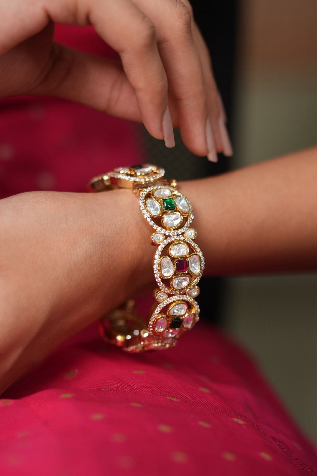 Uncut Diamond Red Green Polki Moissanite Thick Kada | Openable