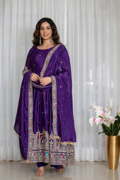 Royal Purple Embroidered Anarkali Suit Set with Dupatta