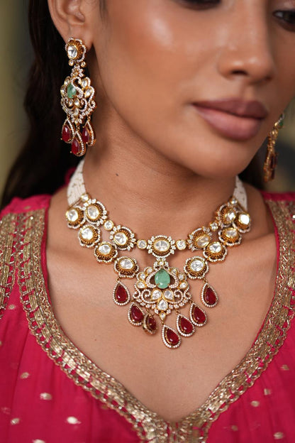 Meena Ruby Mint Moissanite Polki Necklace Set with Tika