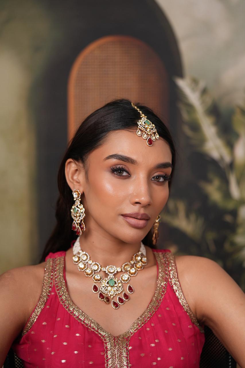 Meena Ruby Mint Moissanite Polki Necklace Set with Tika