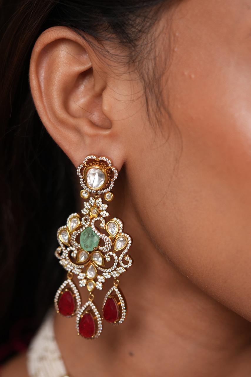 Meena Ruby Mint Moissanite Polki Necklace Set with Tika