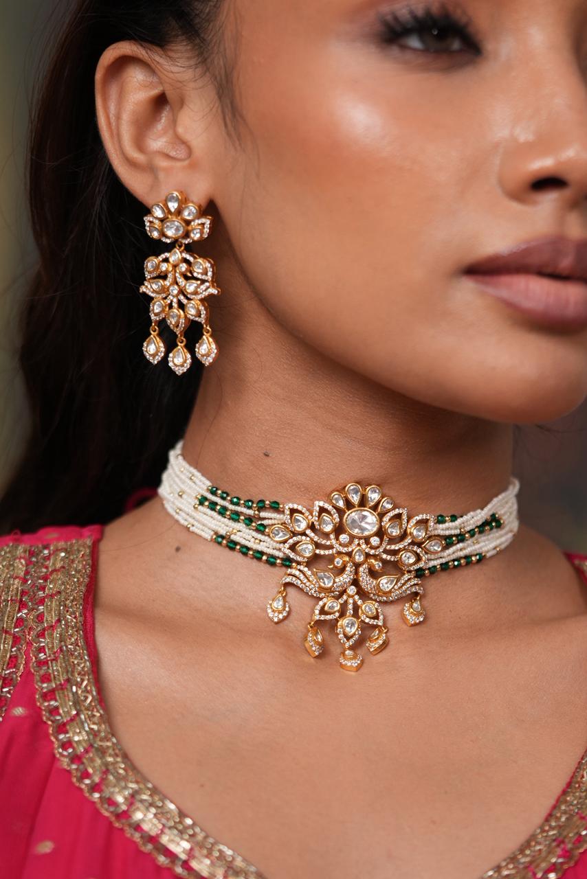 Anita Polki Moissanite Choker Set with Emeralds