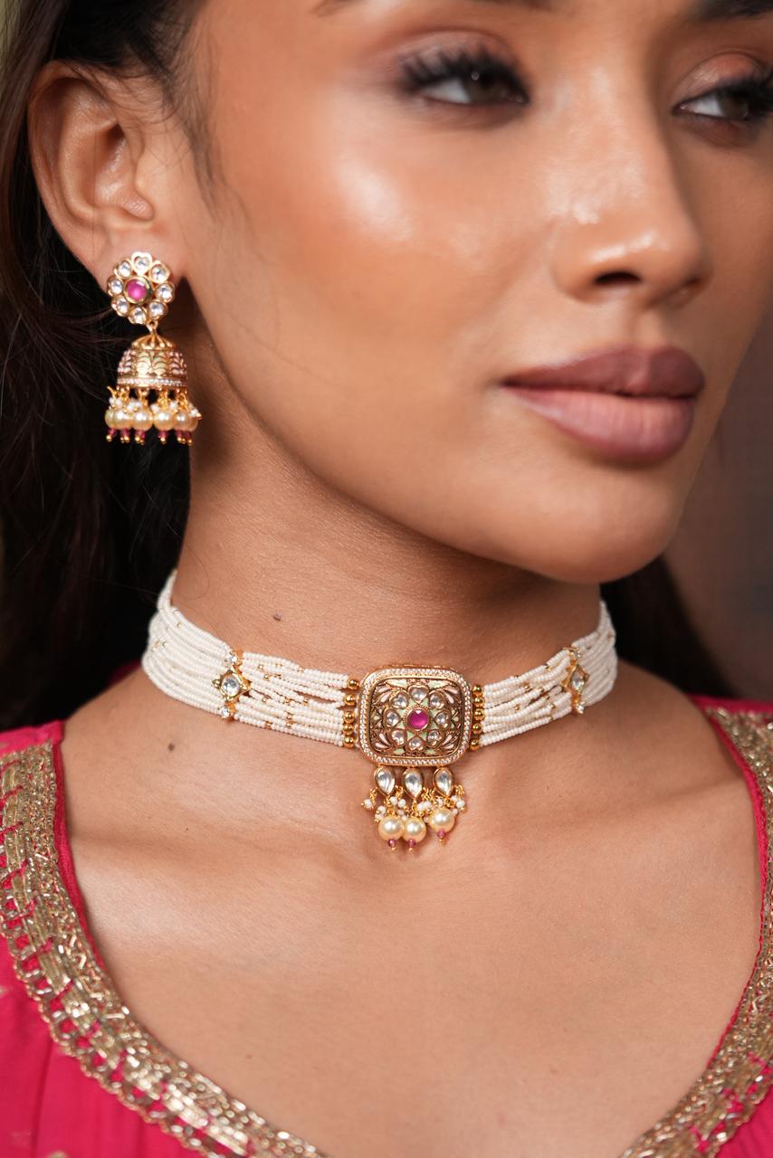 Aari Nakshi Polki Moissanite Meenakari Choker Set