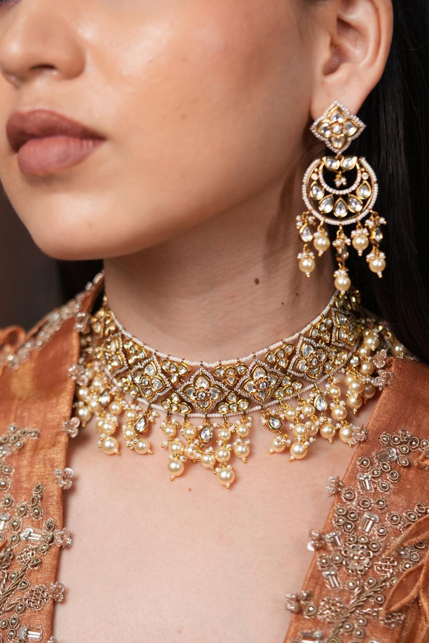 Prajakta Polki Moissanite Choker Set with Chandbalis