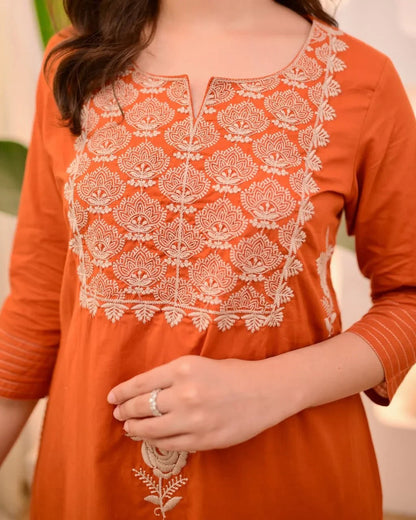 Rust Orange Embroidered Festive Kurta Set With Dupatta