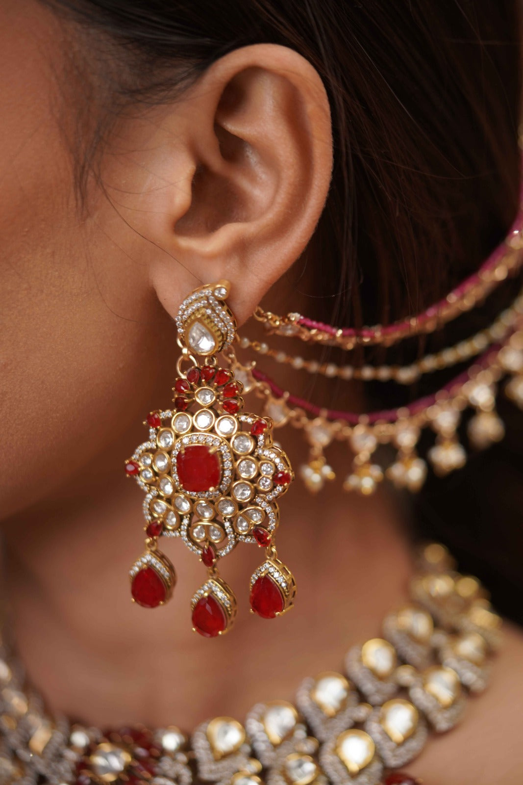 Desirable Red Bridal Moissanite Necklace Set