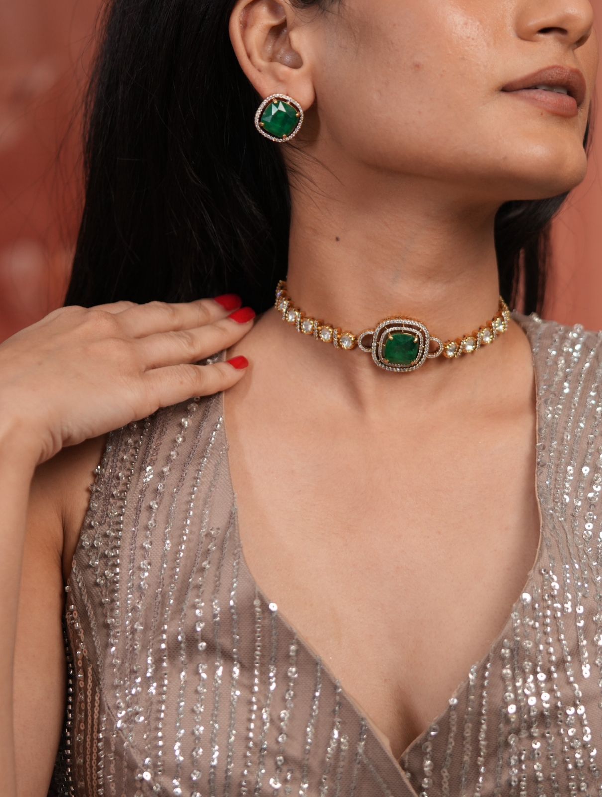Firki Polki Moissanite Sleek Choker Set with Studs