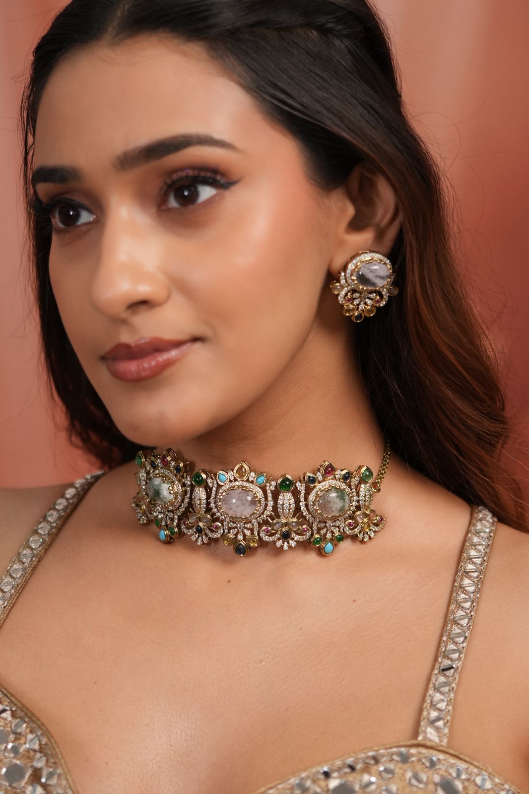 Abraar Sabhya Moissanite Multicolour Choker Set | GemZ