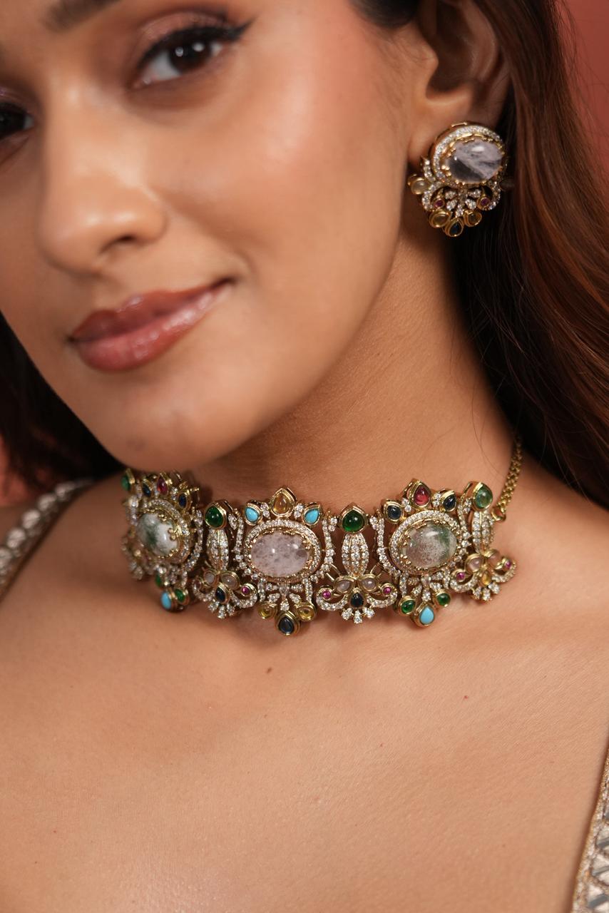Abraar Sabhya Moissanite Multicolour Choker Set | GemZ
