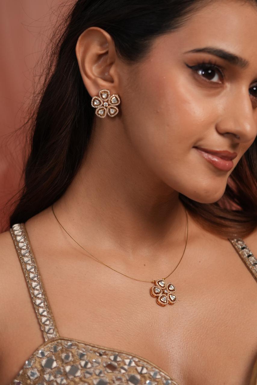 Mitali Invisible Flower Polki Pendant Set