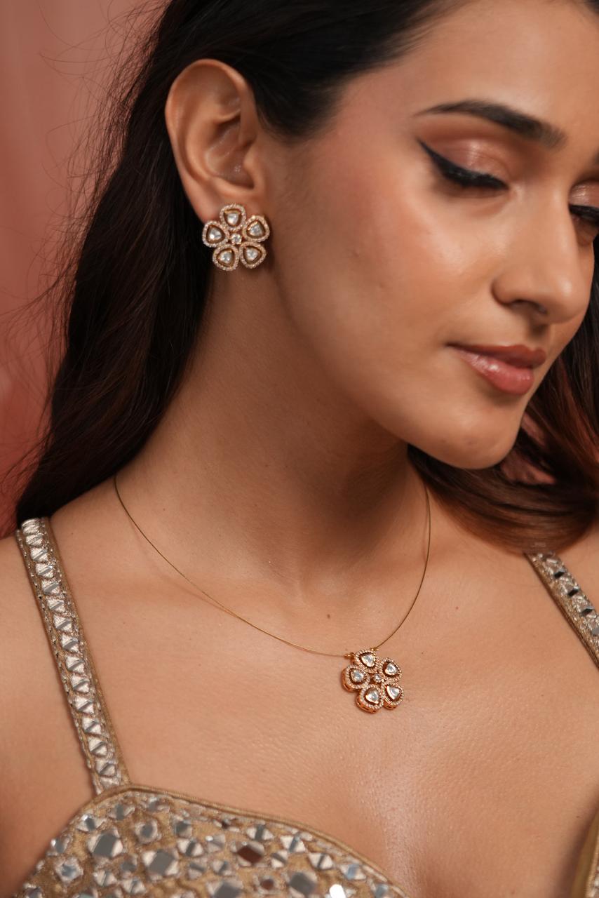 Mitali Invisible Flower Polki Pendant Set