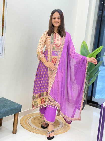 Purple Printed Cotton Suit Set with Embroidered Yoke & Matching Dupatta
